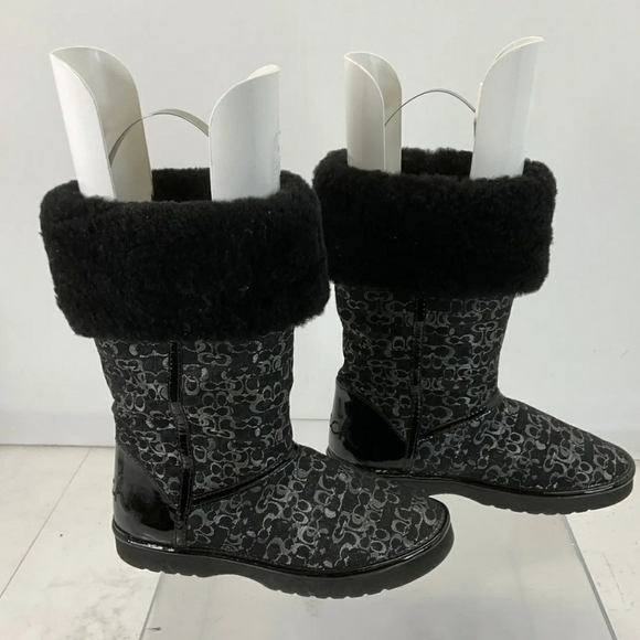 Coach Designer Nikole Black & Glittery Gray Signature Fabric & Fur Boots Size 5 - Picture 2 of 5